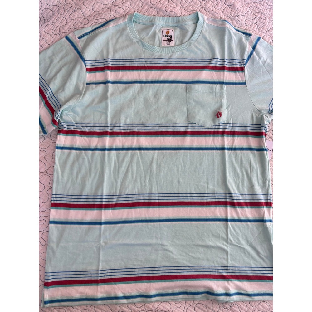 Hang Ten Mens Radical SS PKT Tee Aqua Striped Pocket T-Shirt Size XL